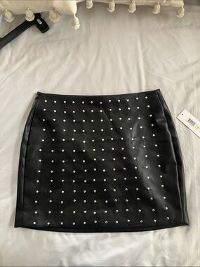 DKNY Black Faux Leather Mini Skirt with Silver Studs